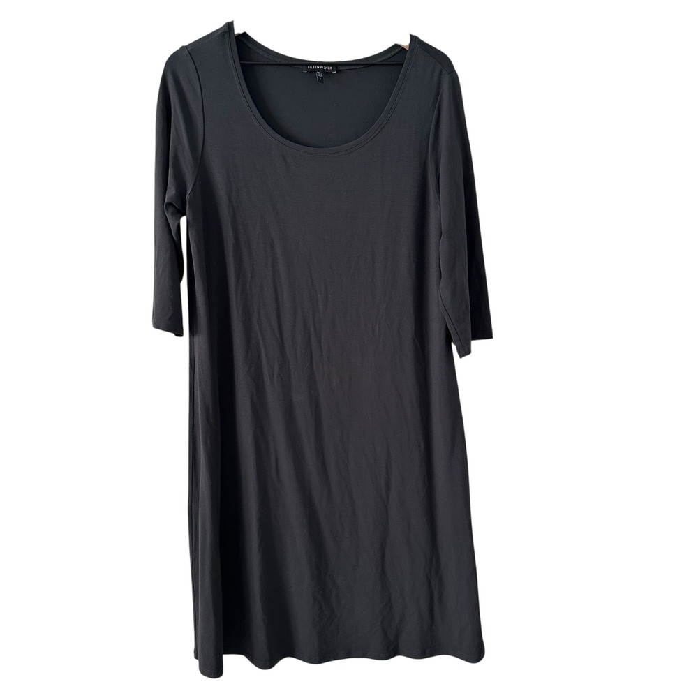 Eileen Fisher Dress Womens Large Gray Excellent 3/4 Sleeve Scoop Neck Jersey